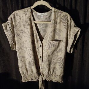 Sweet Rain Cream & Black Leaf Print Cropped Button Down Tie Shirt.